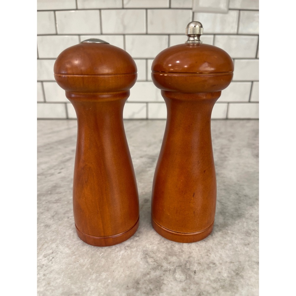 Wood Mid Century Salt and Pepper Shakers Vintage Brown Grinder Set 6 Inch